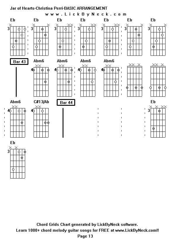 Chord Grids Chart of chord melody fingerstyle guitar song-Jar of Hearts-Christina Perri-BASIC ARRANGEMENT,generated by LickByNeck software.